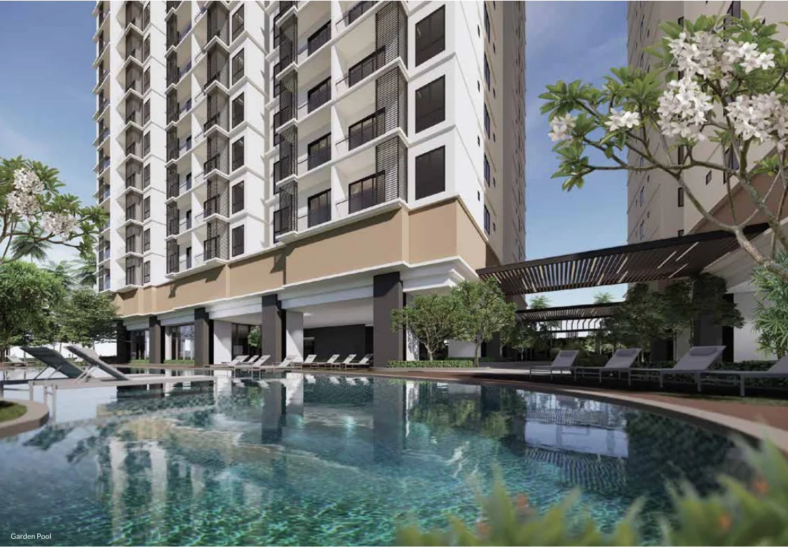 UOA Laurel Residence rendering of the garden pool and residential tower thumbnail